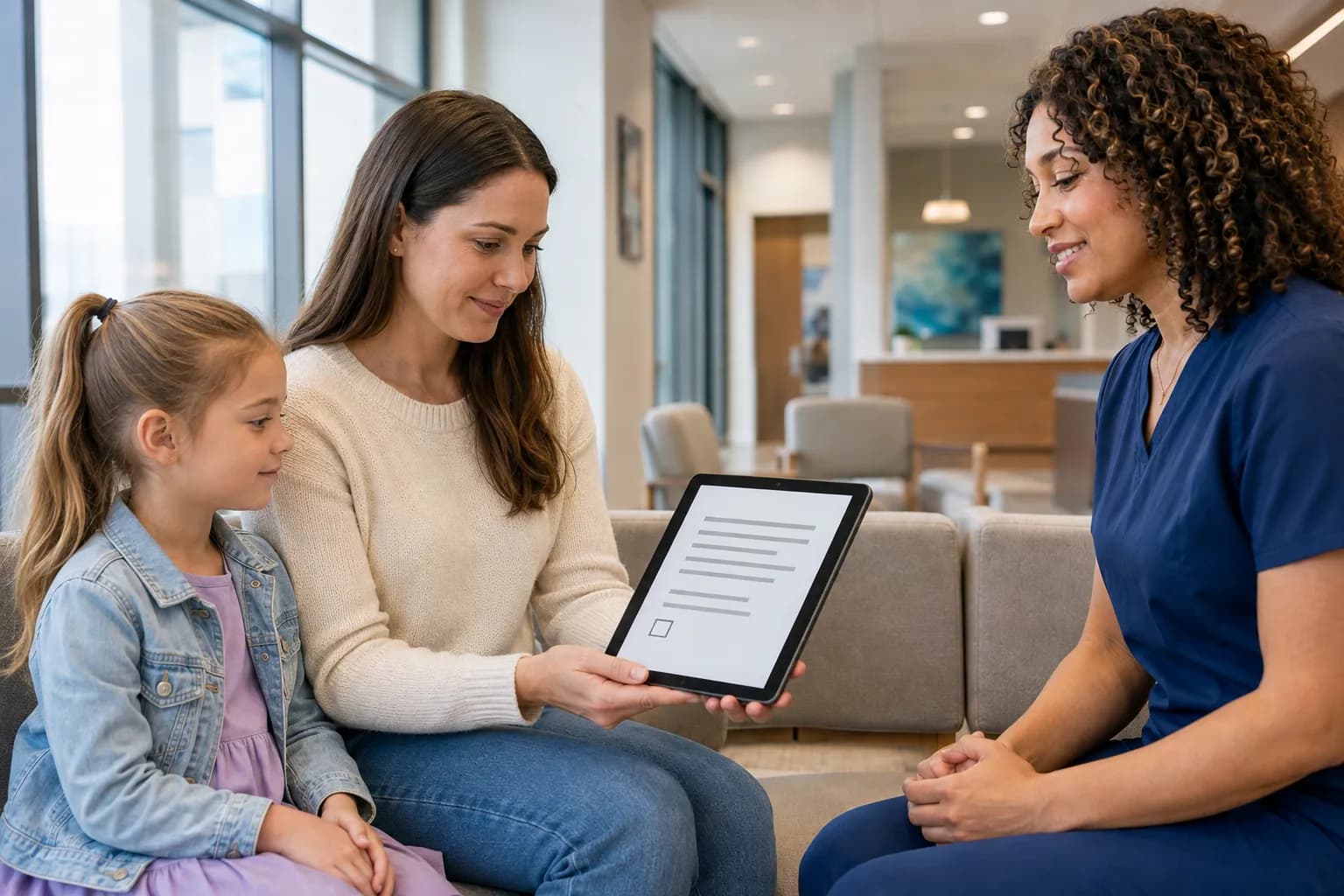 Clinic staff member presenting a consent screen to a mother while her child sits beside her
