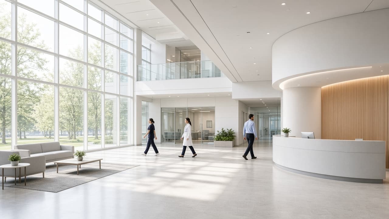Care teams working in a bright hospital atrium