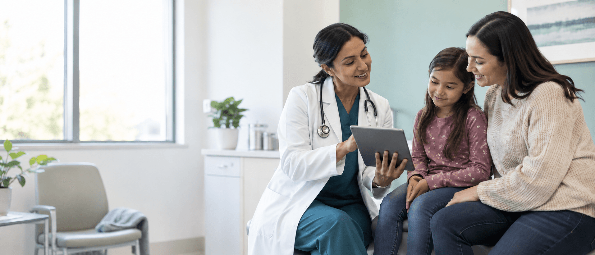 Clinician reviewing care information with a parent and child